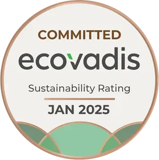 EcoVadis Committed Sustainability Rating badge, tan and green, valid until Jan 2025.