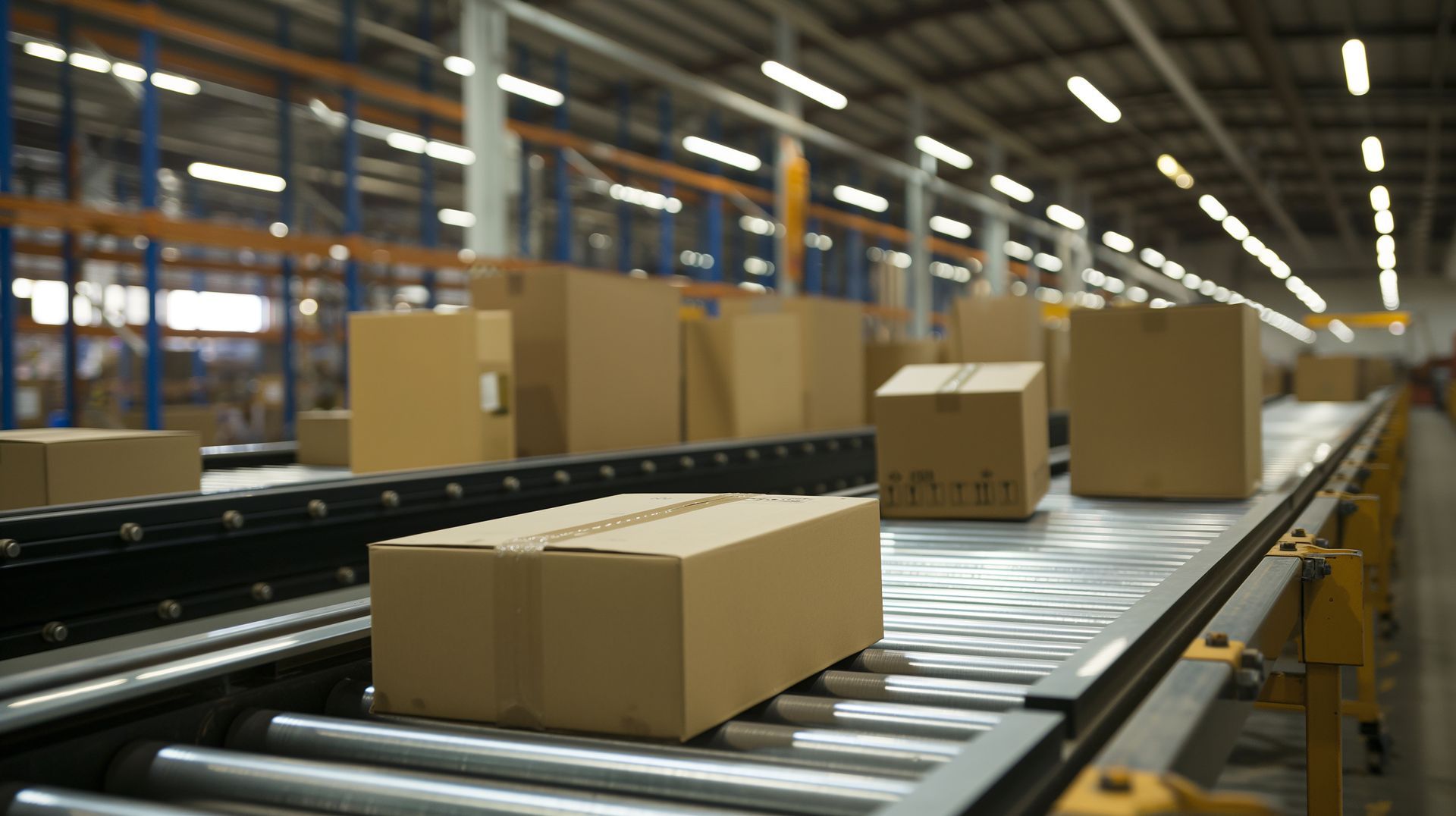 Cajas de cartón en una cinta transportadora en un almacén, probablemente para envío y distribución.