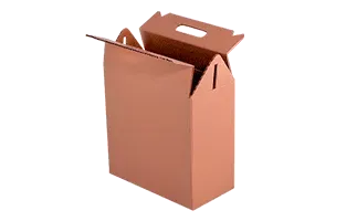 Caja de cartón marrón con asa en la solapa superior, parcialmente abierta.