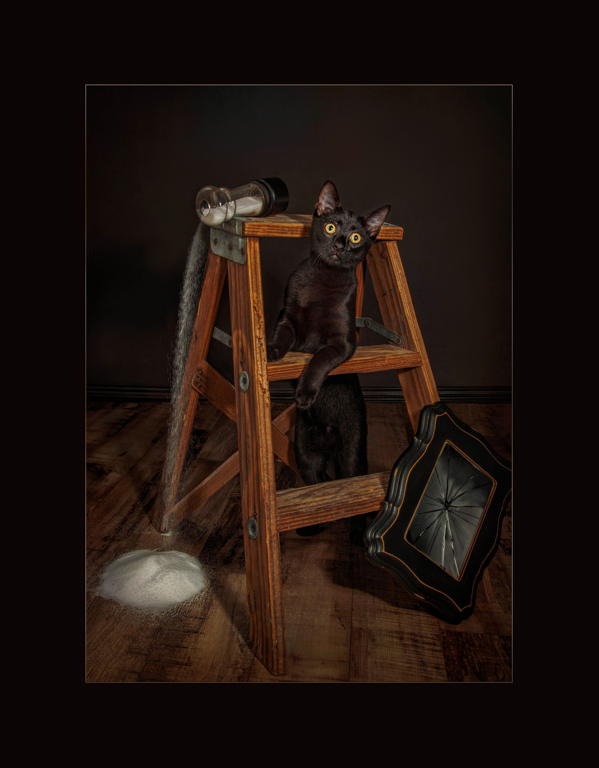 A black cat is standing under a wooden ladder next to a broken mirror and spilled salt.