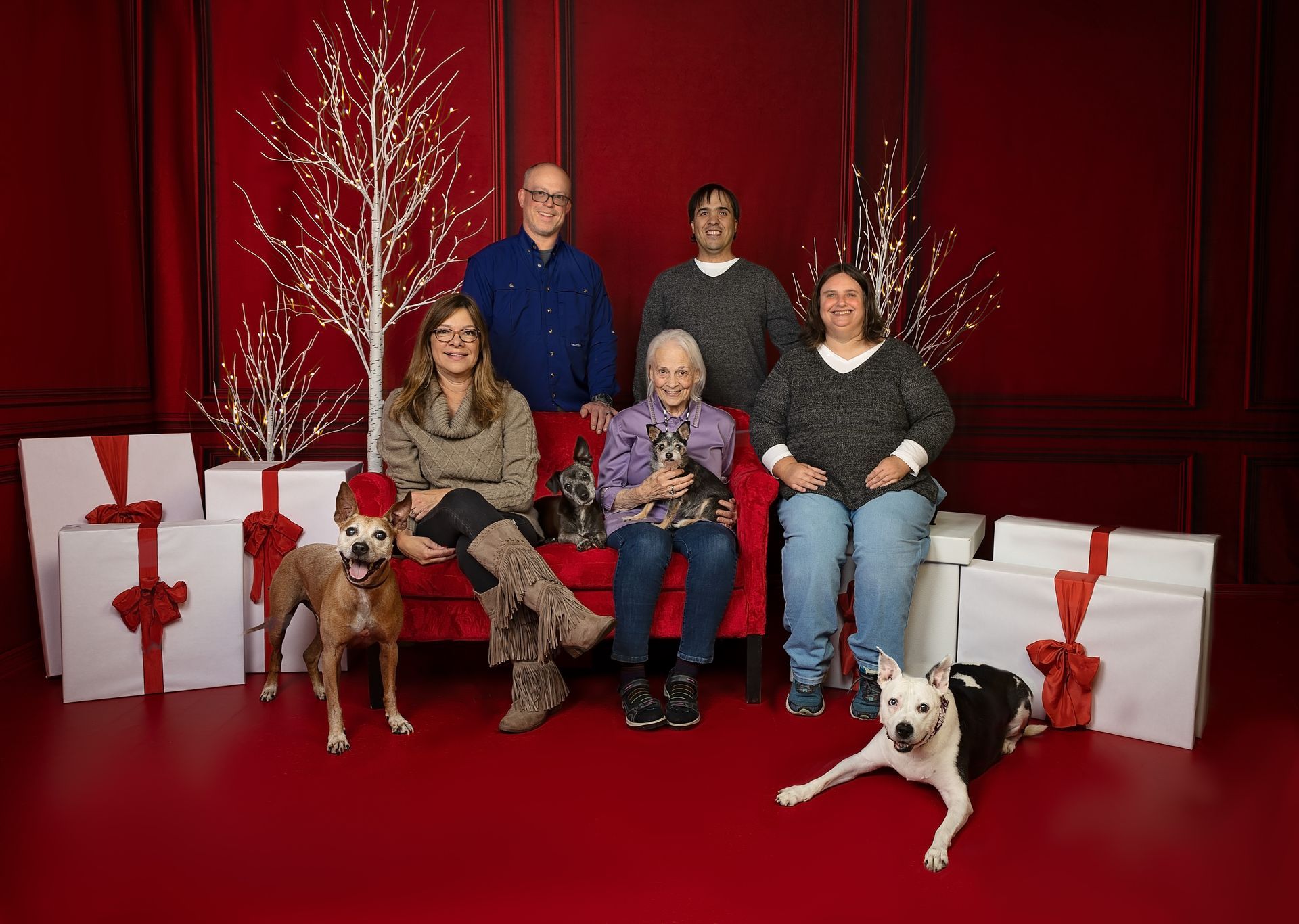 A group of people are posing for a picture with their dogs.