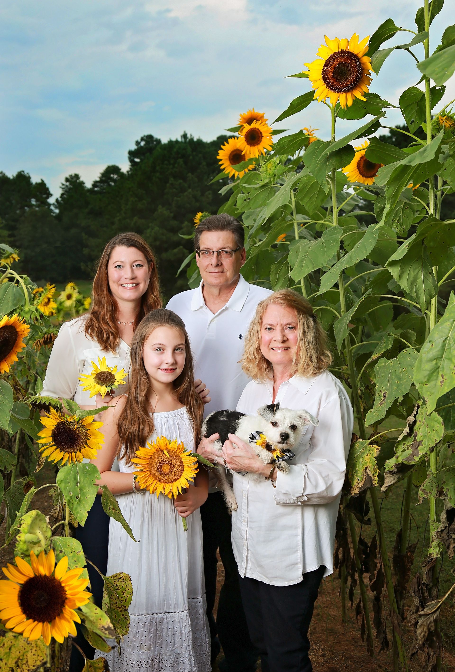 A family is posing for a picture in a field of sunflowers.