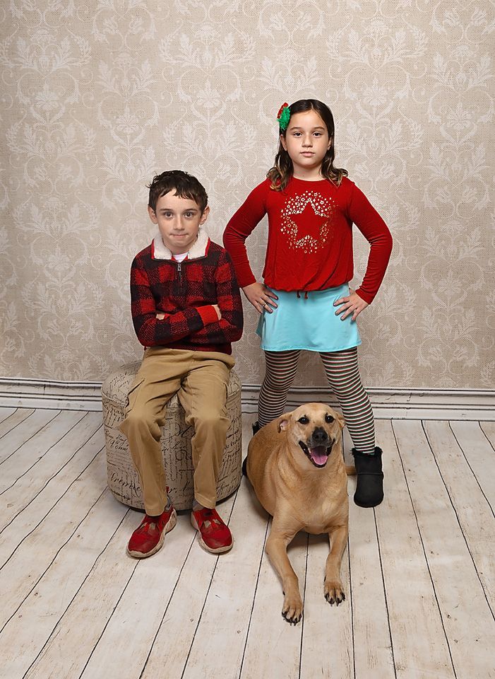 A boy and a girl are posing for a picture with their dog.