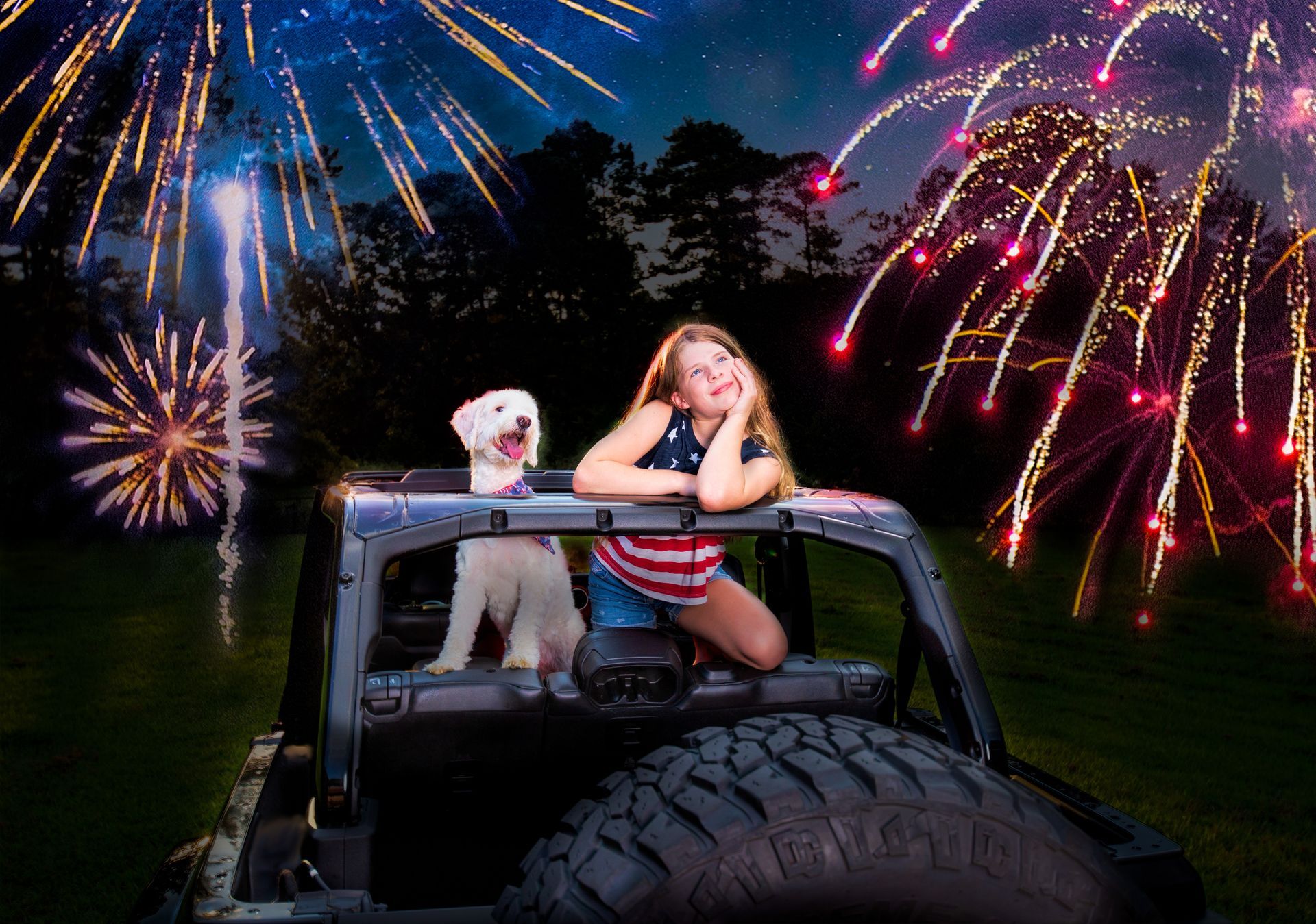 A girl and a dog are sitting in the back of a jeep watching fireworks.