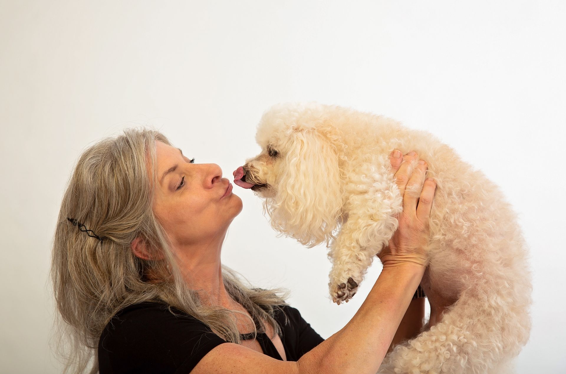 A woman is kissing a small white poodle on the nos.