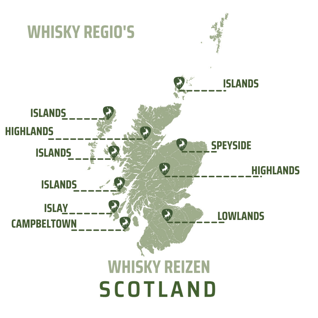 De Schotse whisky regio's Schotland Kaart Whiskytour