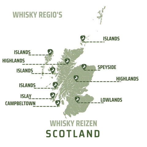 De Schotse whisky regio's Schotland Kaart Whiskytour