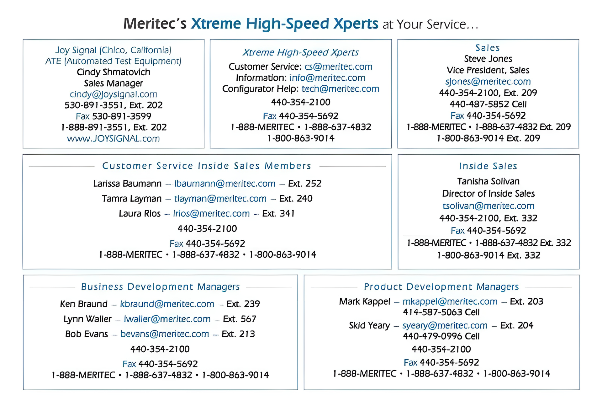 Business card contact information for Meritec's 