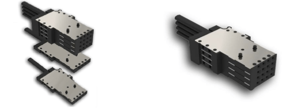 Two sets of silver and black industrial components. One is disassembled.