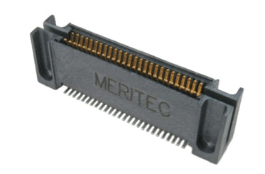 Black Meritec connector with gold pins, used for connecting electronic components.