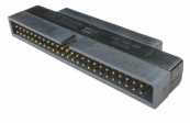Black, rectangular 50-pin connector with gold pins, used for connecting electronic components.