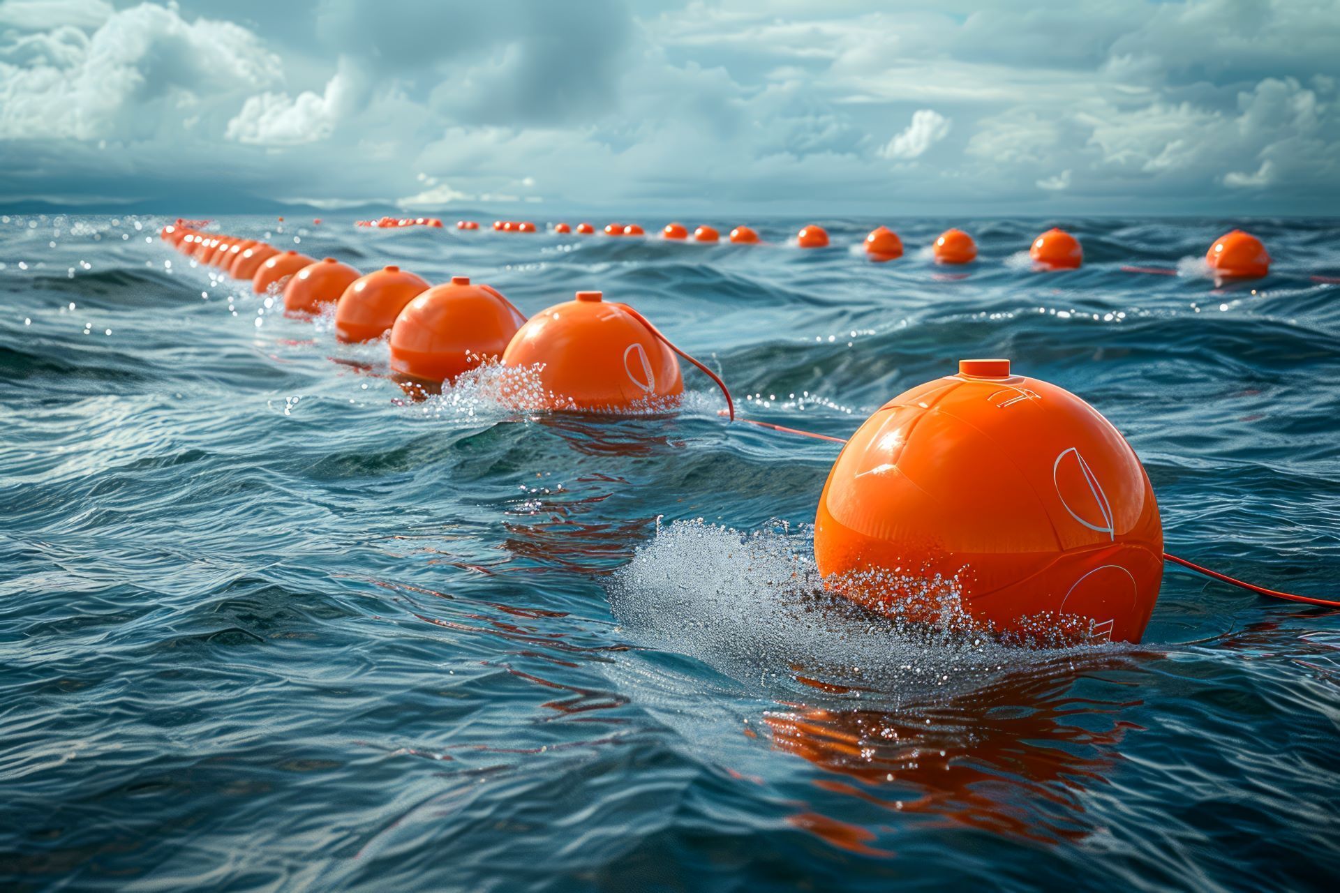 Orange buoys marking a submerged line in a body of water under a cloudy sky.