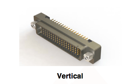 Vertical electrical connector with multiple pins, silver and gold colored.