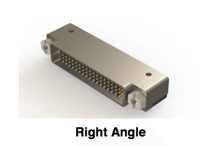 Right-angle connector with multiple pins, metallic finish.