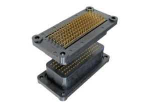 Two rectangular electrical connectors, one above the other, with many golden pins.