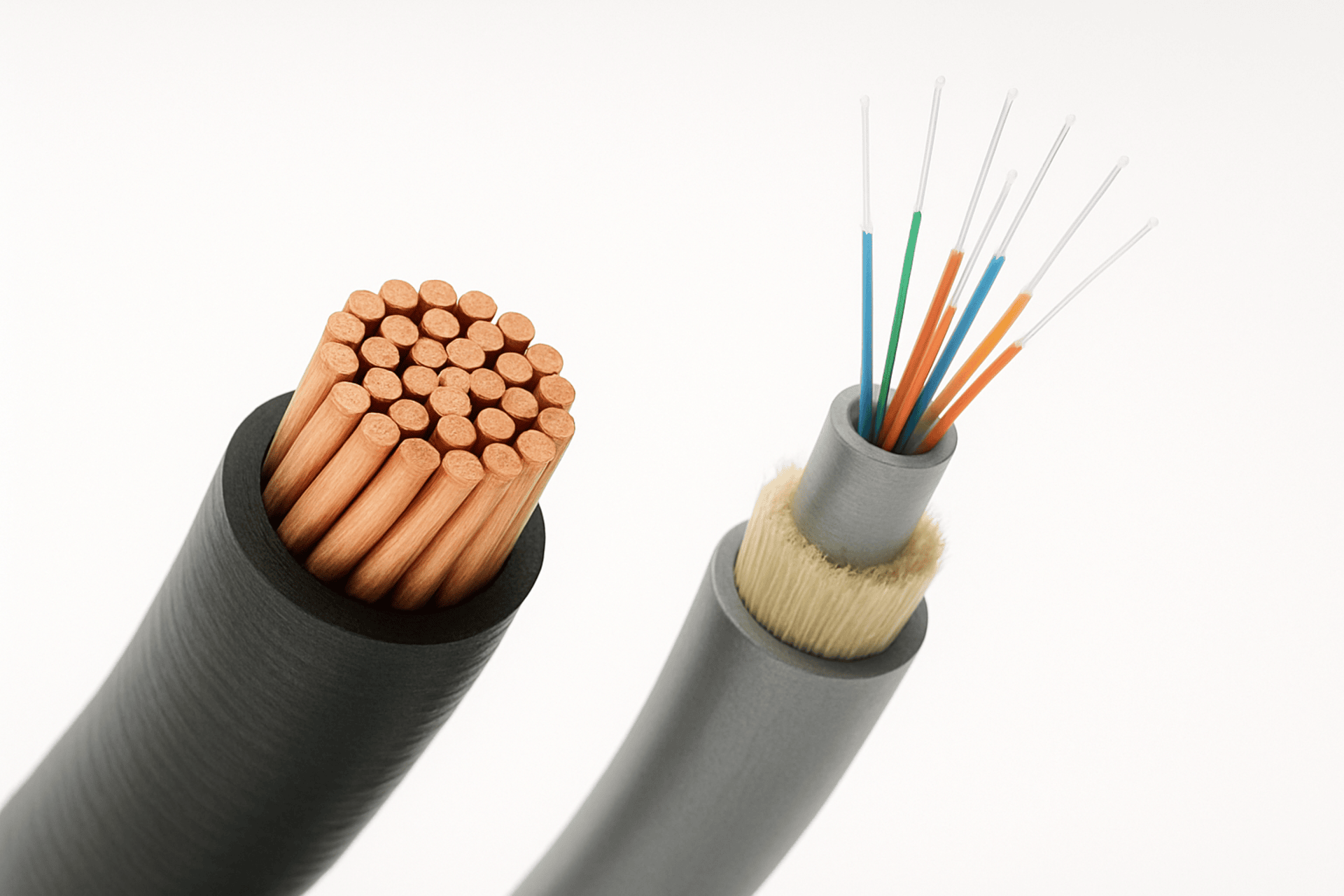 Cross-section comparison: thick black electrical cable with copper wires next to thin gray fiber optic cable with colored strands.