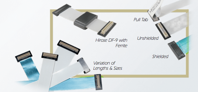 Various flat ribbon cable connectors, including variations in length and shielding.