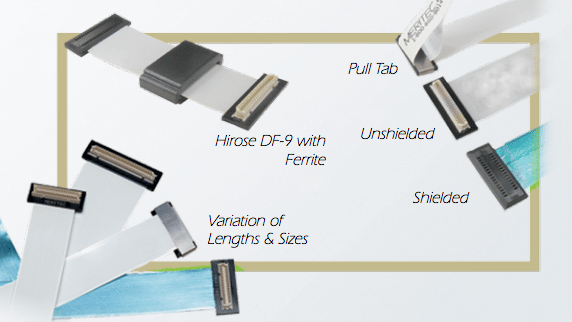 Flat ribbon cables, showing variations in length, size, shielding, and a ferrite core, with a pull tab.