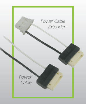 Two SATA power cables, one an extender, with black and white wires, labeled.