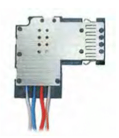 L-shaped electrical connector with exposed wires (white, blue, red) and mounting holes.
