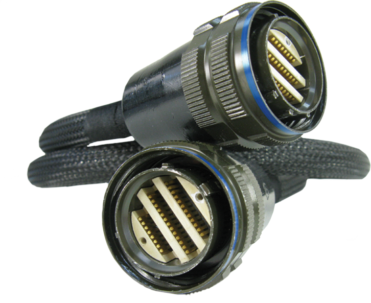 Two circular electrical connectors with multiple pins, connected by a flexible black cable.