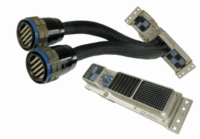 Two black electrical connectors with blue rings connected to metal components, all on a white background.