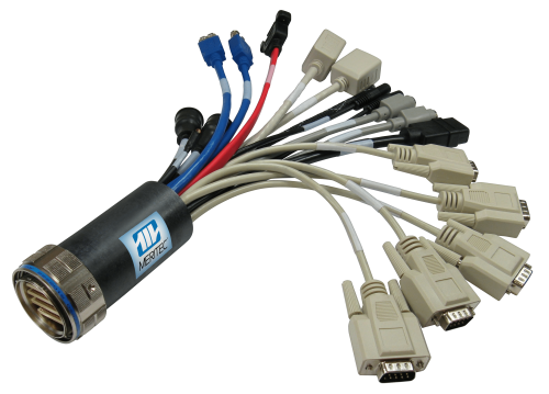 Multi-connector cable with various ports, including blue, white, and black cables branching from a central black cylinder.