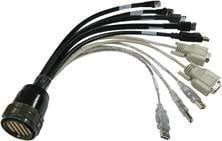 Multi-cable harness with various connectors emerging from a single large black connector.