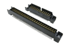 Two black pin header connectors with gold-colored pins, one long, one short, for electronic component connections.
