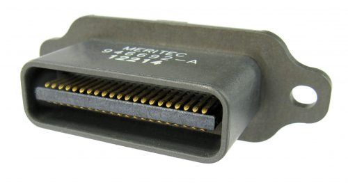 Gray, rectangular Meritec connector with gold pins, mounting flange, and pre-drilled holes.