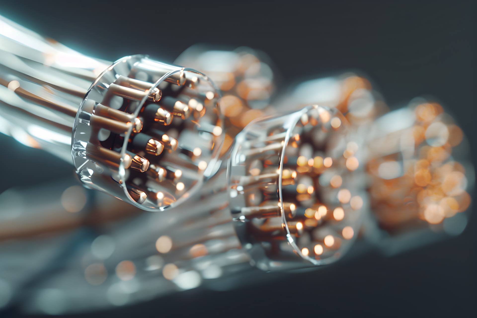 Close-up of multiple fiber optic cable ends, each with numerous gold-colored pins inside a clear protective covering.