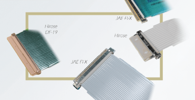 Flat ribbon cables, labeled "JAE FIX" and "Hirose", angled around a rectangular frame.