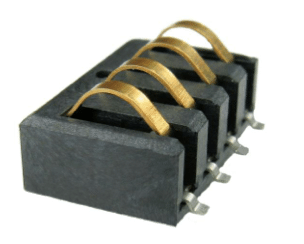 Black battery holder with four gold-colored spring contacts and four metal solder pins.