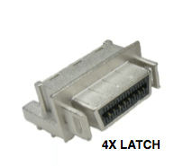 Silver 4x latch connector with many pins.