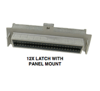 Gray 50-pin connector with latch and panel mount; text reads 