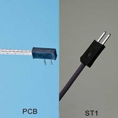 Two connectors: PCB with white cable and blue background, ST1 with dark cable and gray background.