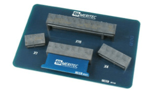 Blue board with Meritec logos and metal blocks labeled X1, X4, X16, and a connector.