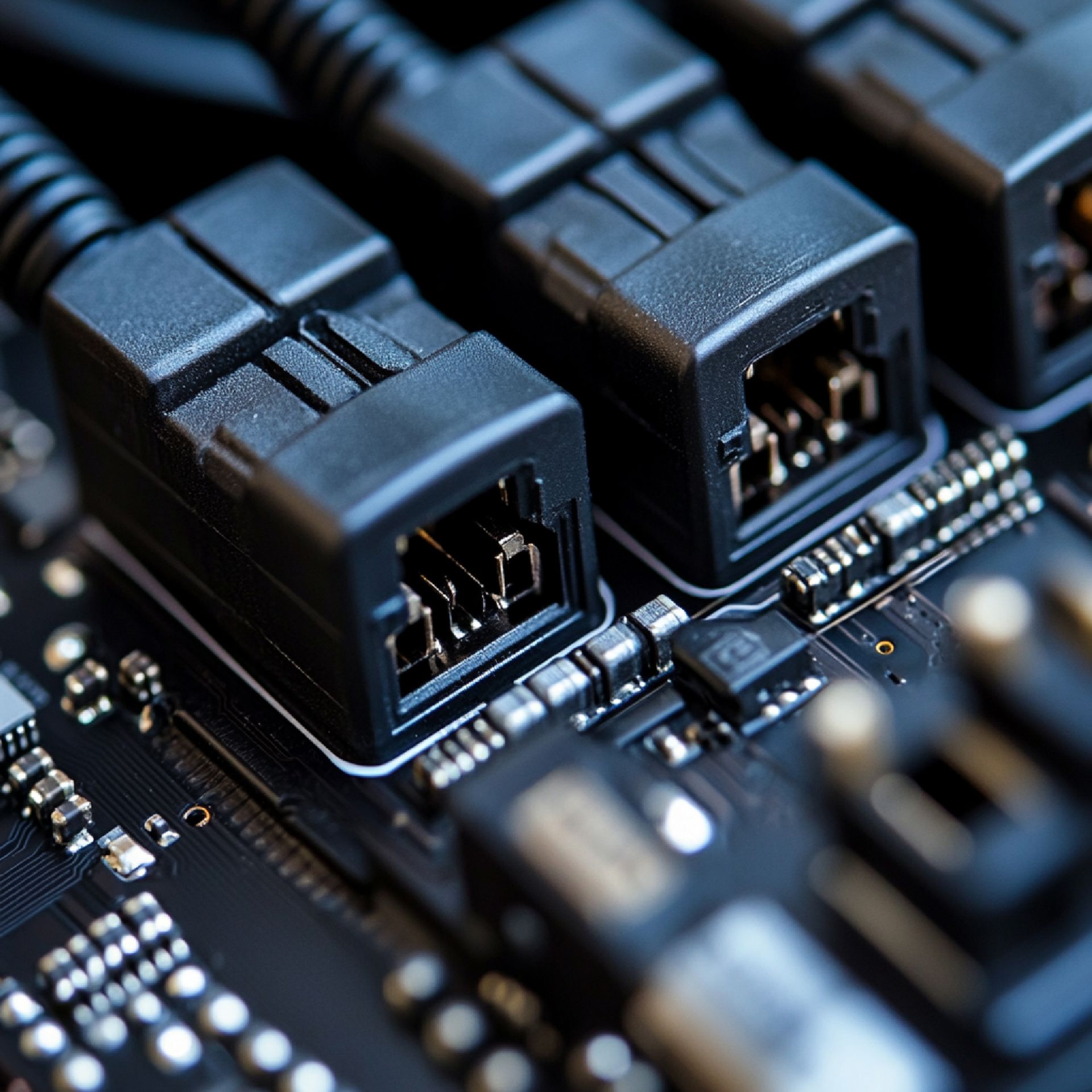 Black connectors plugged into a circuit board.
