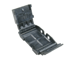 Open, black plastic container with multiple compartments.