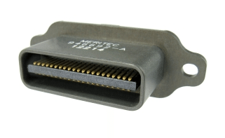 Gray D-sub connector with numerous pins, a metal casing, and mounting holes.