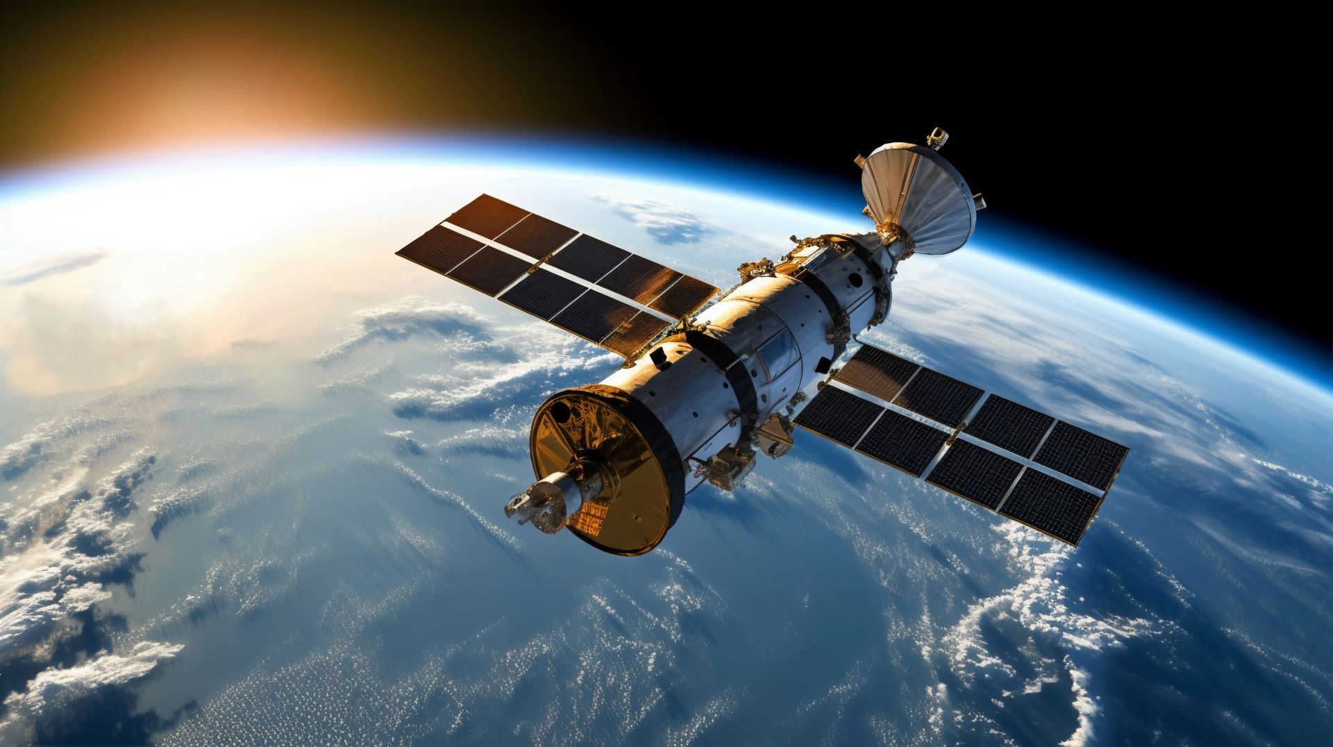 Satellite orbiting Earth, solar panels extended, against a backdrop of space and the planet below.