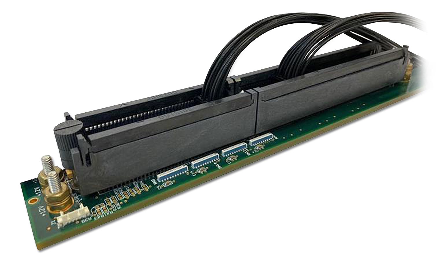 Printed circuit board with a black connector and black cables.