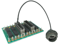 Circuit board with connectors and a cable terminating in a circular USB port.