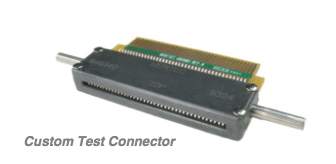 Custom test connector with a circuit board inserted and metal rods.