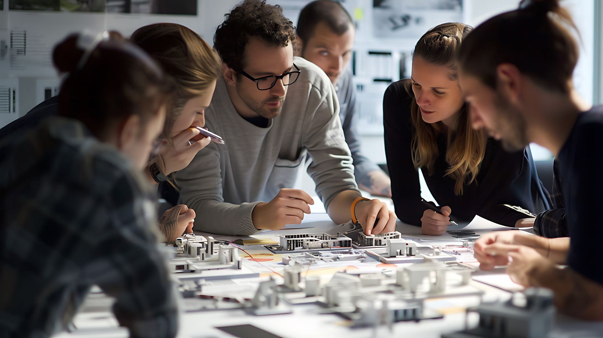 Group of people collaborating around a table with building models, discussing designs in an office.