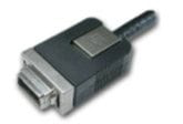 Black and silver female SCSI connector with a locking clip and cable.
