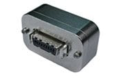 Rectangular metal D-sub connector with mounting holes.