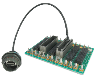 Circuit board with connectors and a cable ending in a circular connector.