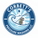 Blue and white circular logo for Corbett's Pressure Washing LLC, depicting a house being pressure washed.