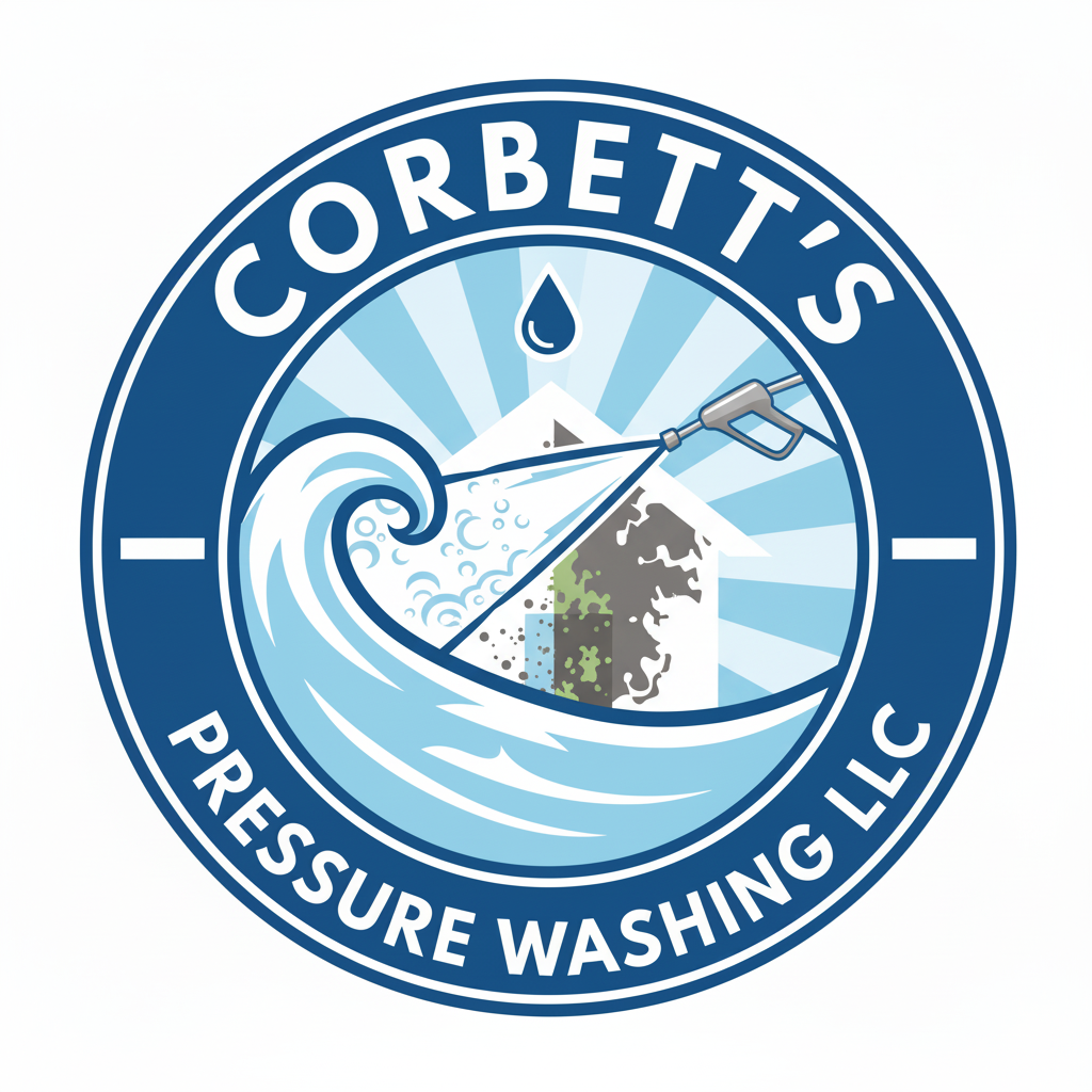 Blue and white circular logo for Corbett's Pressure Washing LLC, depicting a house being pressure washed.